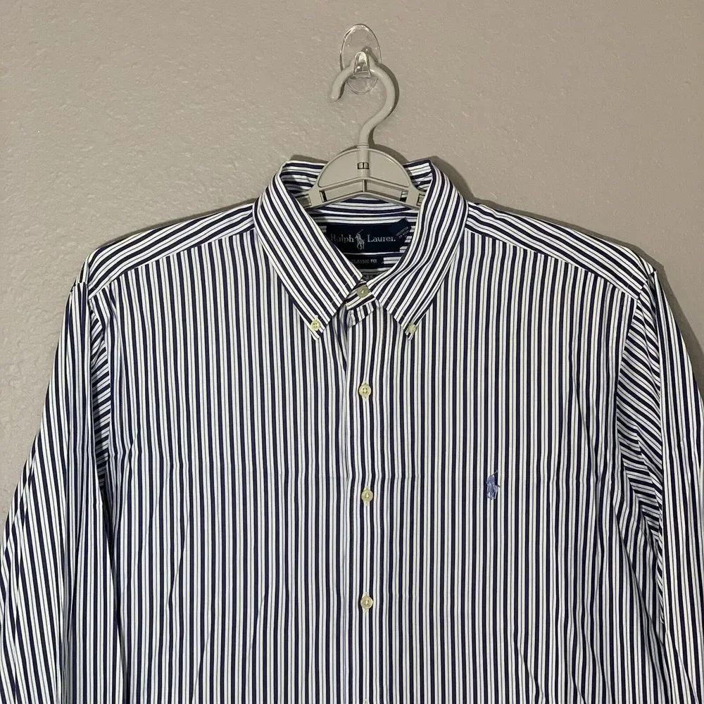 Ralph Lauren‎ Men's Classic Fit Blue White Striped Button Down Shirt Size 17/XL